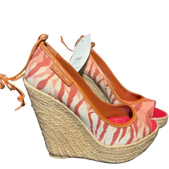 NIB Sergio Rossi Tiger Print Canvas Wedge Sandals - Picture 9 of 14